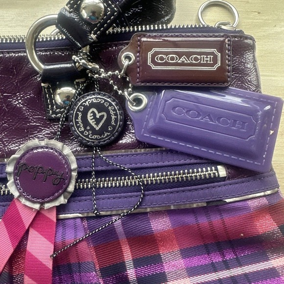 Coach Poppy Plaid Purple Pink Handbag Large gray condition - Picture 5 of 16